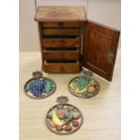 A late Victorian burr yew table-top cupboard, with five enclosed drawer veneered in a variety of