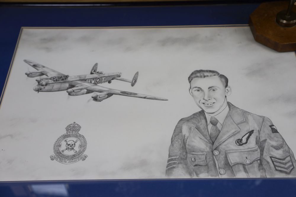 Royal Airforce Interest: A bronze model of a Beau Fighter, a framed drawing of a royal engineer - Bild 2 aus 2