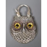 A modern white metal (stamped silver) and agate backed pendant, modelled as the head of an owl,