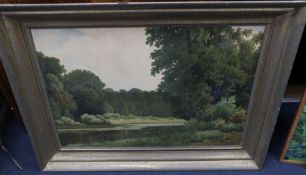 R. Wunderlich, oil on board, Wooded river landscape, signed and dated 1952, 55 x 78cm