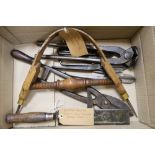 Assorted hand tools including slate roof axe and pincers