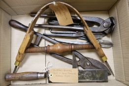 Assorted hand tools including slate roof axe and pincers