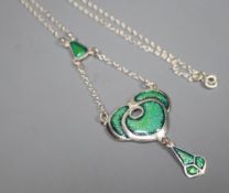 A modern Art Nouveau style sterling and enamel drop pendant necklace, overall 56cm.
