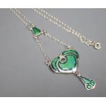 A modern Art Nouveau style sterling and enamel drop pendant necklace, overall 56cm.