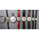 Assorted wrist watches including 9ct gold and a silver pocket watch.
