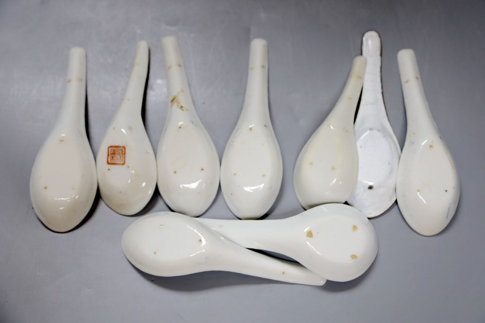 Six Chinese blue and white rice spoons, a famille rose spoon and a Canton enamel spoonCONDITION: All - Image 3 of 3