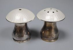 A pair of mid 20th century Danish sterling and enamel mushroom shaped condiments, by Egon Lauridsen,