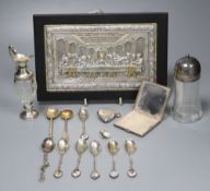 A silver compact, silver heart vesta, Russian silver-mounted 'Last Supper' plaque, spoons and