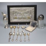 A silver compact, silver heart vesta, Russian silver-mounted 'Last Supper' plaque, spoons and