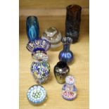 A millefiori weight, a scent bottle with stopper, a jar and six other coloured glass itemsCONDITION: