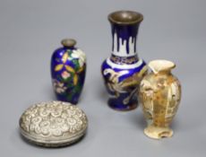 Two Japanese cloisonne enamel vases, a Satsuma vase and and antimony jar, Meiji items