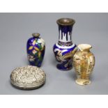 Two Japanese cloisonne enamel vases, a Satsuma vase and and antimony jar, Meiji items