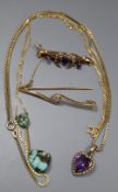 Mixed jewellery, including a 15ct and diamond bar brooch, a 9ct and gem set bar brooch, a 9ct and