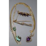 Mixed jewellery, including a 15ct and diamond bar brooch, a 9ct and gem set bar brooch, a 9ct and