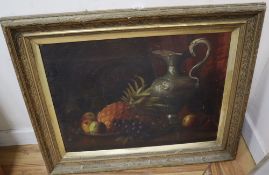 19th century English School, oil on canvas laid on board, Still life of fruit and a ewer on table