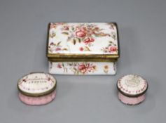 A Bilston enamel snuff box and two patch boxes