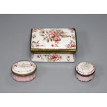 A Bilston enamel snuff box and two patch boxes