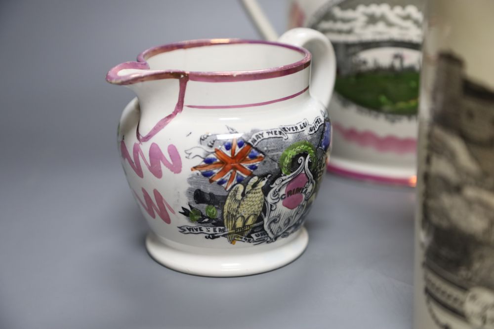 Three Sunderland pink lustre Pearlware jugs and a Sunderland Bridge creamware mug, tallest - Image 2 of 6