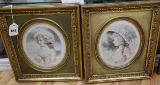 L.Busiere, pair of coloured mezzotints, portraits of elegant ladies, signed in pencil, 23 x 19cm.