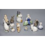 A collection of Royal Copenhagen including mice, chickens, rabbits, a snowman and a dish