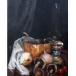 Ken Moroney (1949-), oil on canvas, Still life of vegetables and pots, 50 x 40cm, unframed signed,