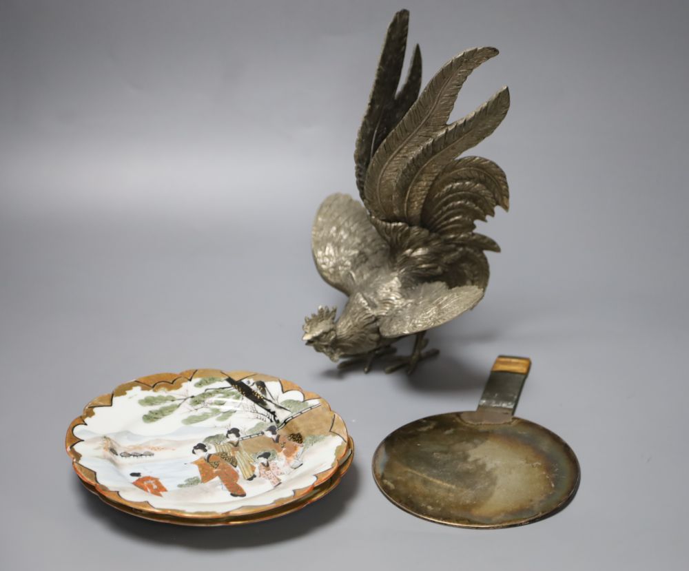 A pair of Japanese porcelain dishes, a similar hand mirror, a cockerel etc., tallest 26cm