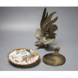 A pair of Japanese porcelain dishes, a similar hand mirror, a cockerel etc., tallest 26cm