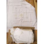 A quantity of white damask and crochet edged linen