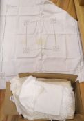 A quantity of white damask and crochet edged linen