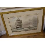 Joseph William Carey (1859-1937), watercolour, Sailing ship and submarine a sea, signed and dated