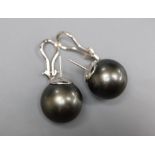 A large modern pair of white metal mounted grey freshwater pearl? earrings, diameter 15.6mm, gross