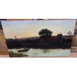 Willenuore, oil on canvas, River landscape with punt at sunset, signed, 56 x 91cm, unframed