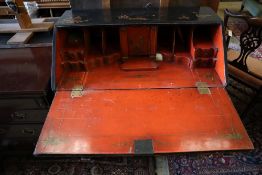 A George III black and red japanned bureau, width 91cm depth 50cm height 100cm