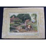 After Birket Foster, watercolour, Girl and calf in a landscape, bears monogram, 6.5 x 10cm,