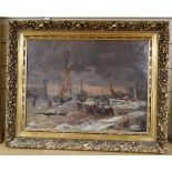 19th century English School, oil on canvas, Estuary scene in winter, 37 x 49cm