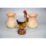 A pair of Victorian opaline glass vases, 16cm and a coloured glass cockerel, 23cm
