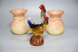 A pair of Victorian opaline glass vases, 16cm and a coloured glass cockerel, 23cm