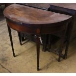 A George III mahogany 'D' shape folding tea table, width 91cm depth 45cm height 75cm
