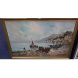 Italian School, oil on canvas, Fishing boats along the coast, indistinctly signed, 60 x 91cm