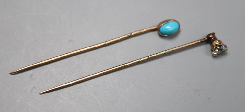 Two late Victorian sick pins- turquoise set and solitaire diamond set, longest 62mm, gross 2.5 grams - Image 2 of 2