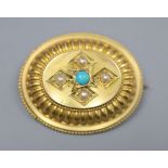 A Victorian yellow metal, turquoise and split pearl set oval brooch, 35mm, gross 7.9 grams.