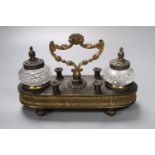 A 19th century French bronze and cut glass inkstand, length 19cm