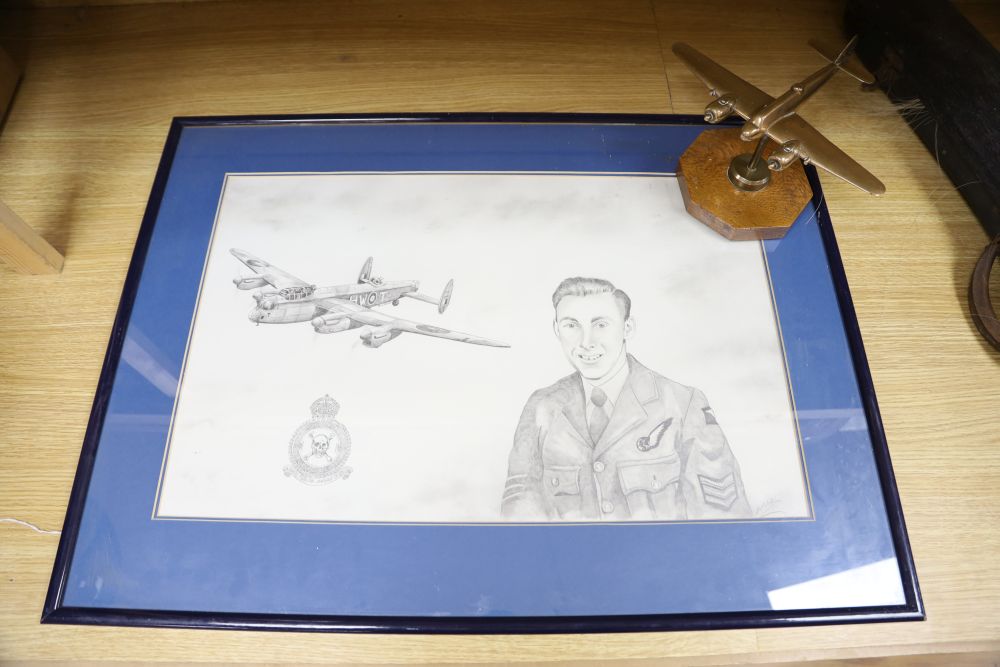 Royal Airforce Interest: A bronze model of a Beau Fighter, a framed drawing of a royal engineer