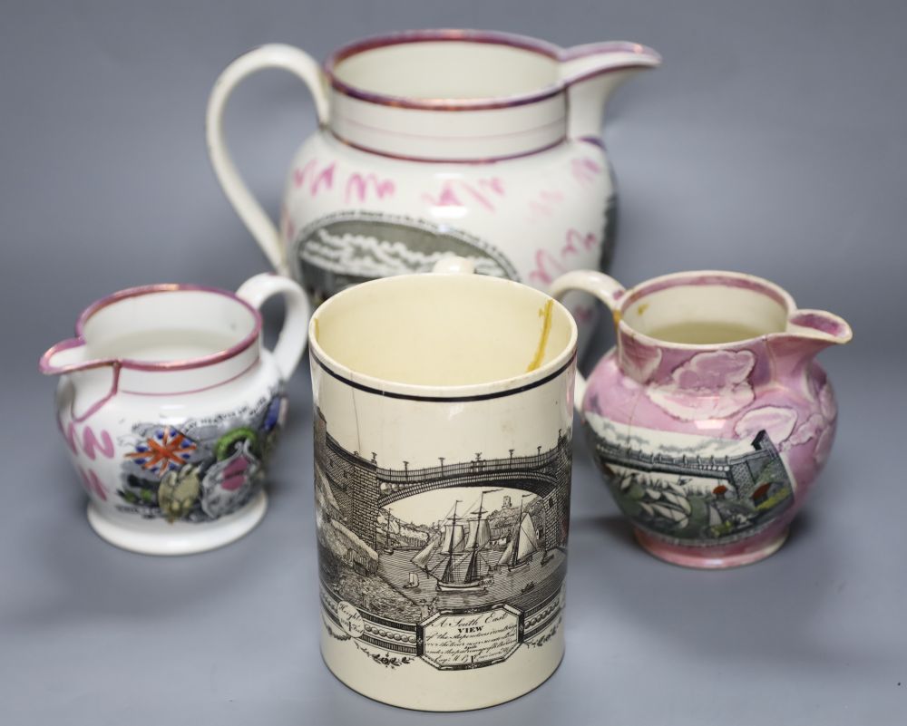 Three Sunderland pink lustre Pearlware jugs and a Sunderland Bridge creamware mug, tallest