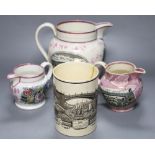 Three Sunderland pink lustre Pearlware jugs and a Sunderland Bridge creamware mug, tallest