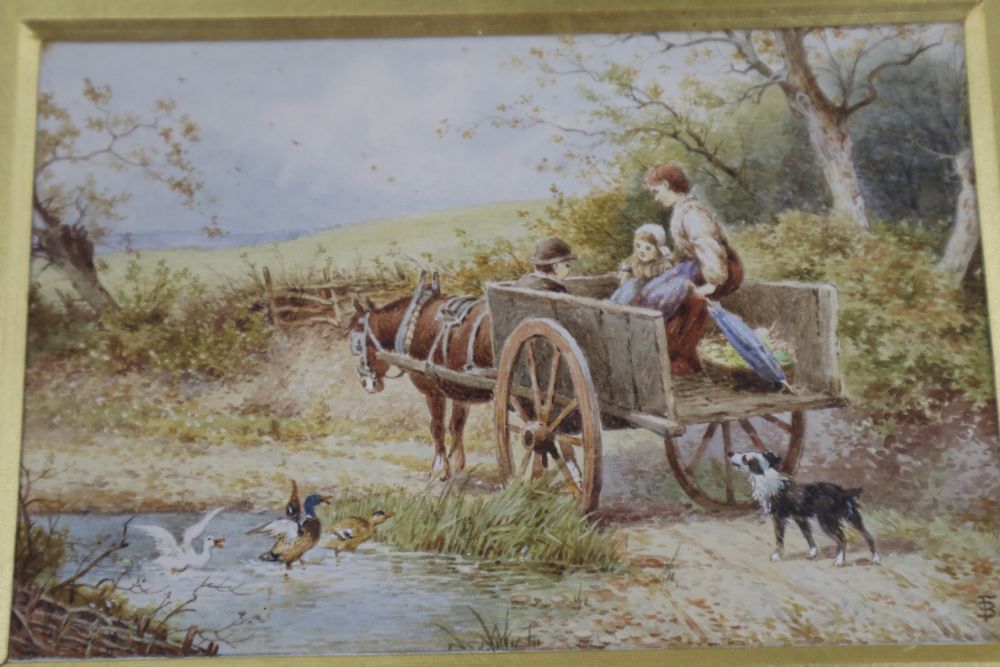 After Birket Foster, watercolour, Figures in a cart beside a duck pond, bears monogram, 10 x 15cm - Image 2 of 4