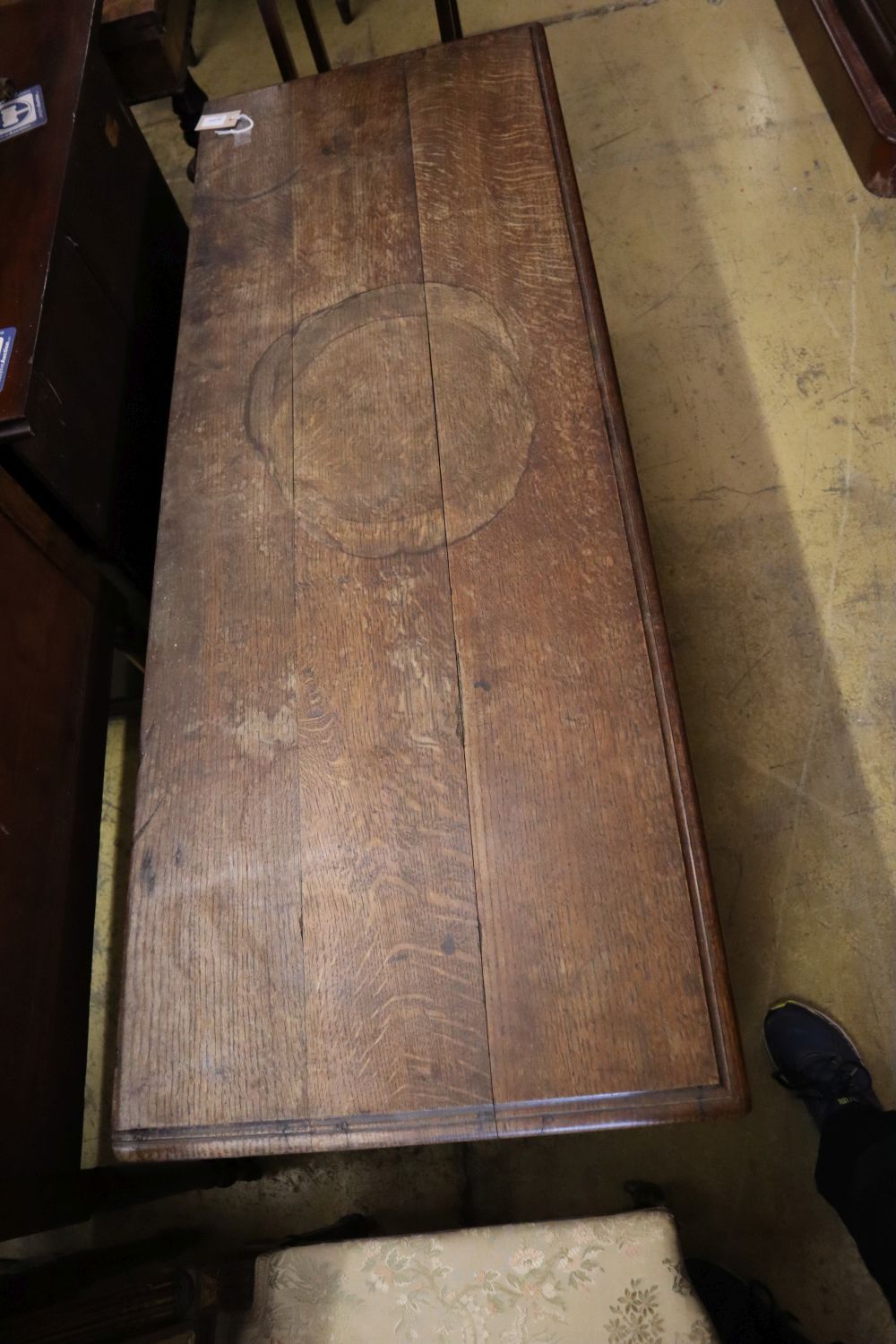 A 17th/18th century inlaid oak coffer with panelled front and planked top, width 145cm depth 53cm - Image 3 of 4