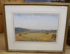 Robert Thorne Waite (1842-1935), watercolour, Harvesters in a Sussex landscape, 33 x 50cm