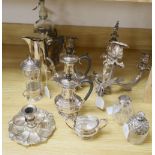 An ornate three-branch plated candelabrum with 'tulip' sconces and sundry plated items, comprising a