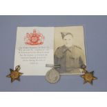 A WWII trio with photograph, the issue box addressed to Mr W. Brundson, nr. Bridgend